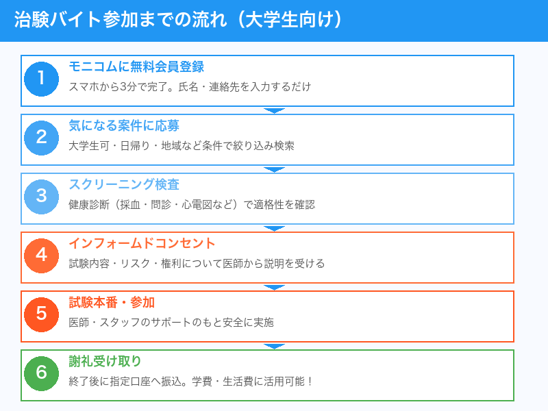治験バイト参加までの流れ（大学生向けステップ図）