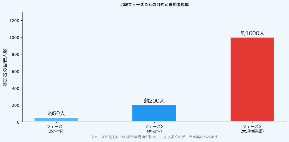 治験フェーズごとの目的と参加者規模グラフ